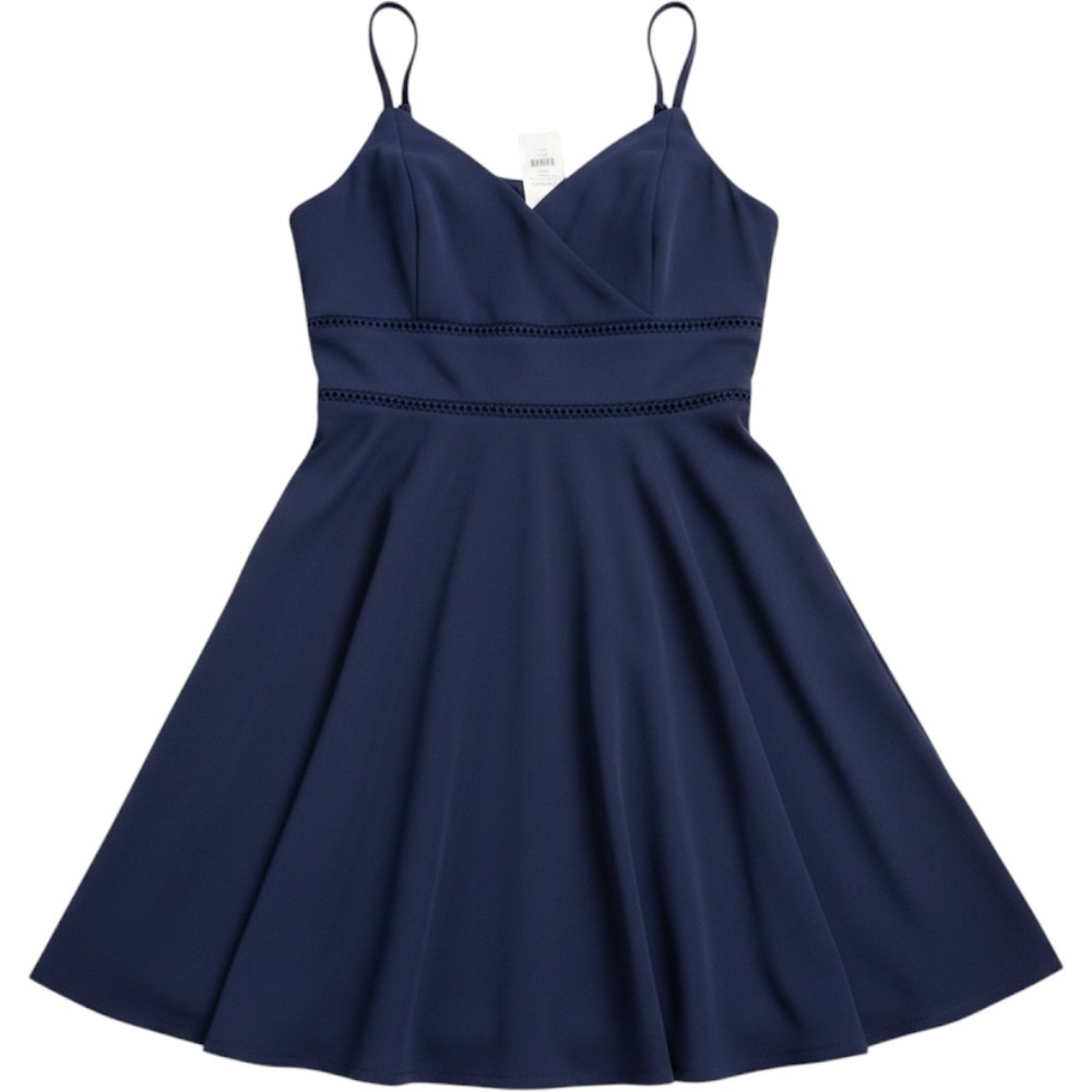 Francescas Navy Blue Fit and Flare Skater Dress Ladder Lace Trim NWT Size L